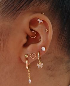 a close up of a person with ear piercings on their ears and behind the ear