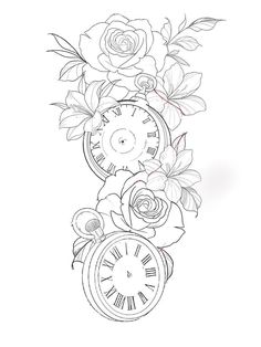 a drawing of a clock with roses on it