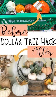 the dollar tree hack after it's been turned into a fall decoration with pumpkins and gourds