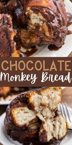 chocolate monkey bread is cut in half on a white plate