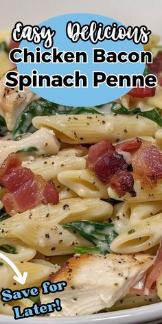 a close up of a plate of food with bacon and spinach penne on it