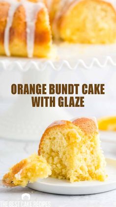 orange bundt cake with glaze on a white plate next to the bundt cake