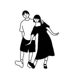 a black and white drawing of two people standing next to each other with their arms around one another