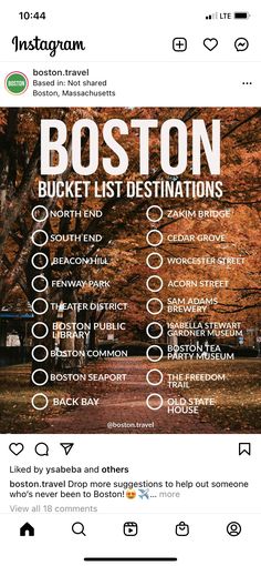 the boston bucket list is displayed on an instagramture page, and it appears to be filled with information