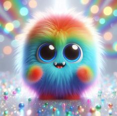 a very cute furry animal with big eyes on a colorful glittery surface and bright lights in the background