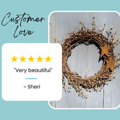 a wreath with five stars and the words, customer love very beautiful - sheri