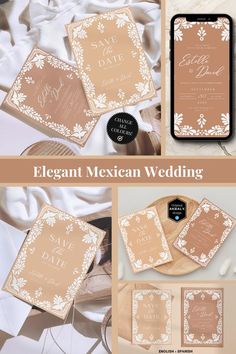 elegant mexican wedding stationery with gold foil and white flowers on the front, in blush pink