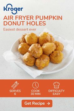 the flyer for an air fryer pumpkin donut holes recipe is displayed on a white plate