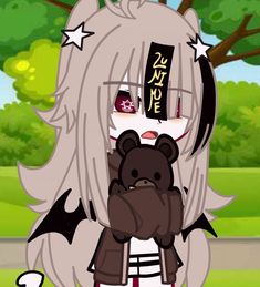 an anime character with long white hair holding a teddy bear