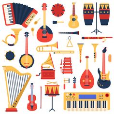 an assortment of musical instruments on a white background