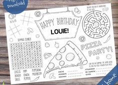 the happy birthday louie pizza party activity sheet is shown on a wooden table with text