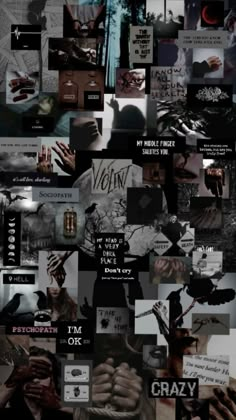 a collage of images with words and pictures on them, all in black and white