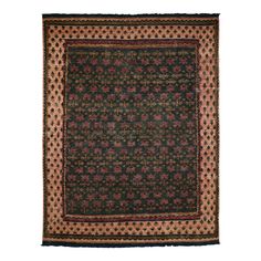 a black and brown rug with red flowers on the center, in an ornate pattern