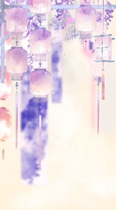 an abstract painting of pink and purple lanterns hanging from a tree with flowers in the background