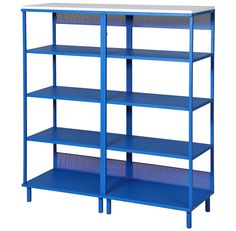 a blue shelving unit with four shelves and one shelf on the bottom, two are empty