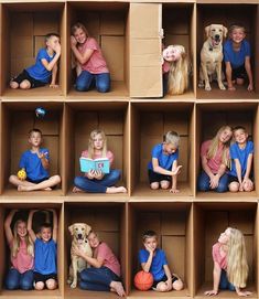 a group of children and adults posing in cardboard boxes with their dogs, cats, and basketballs