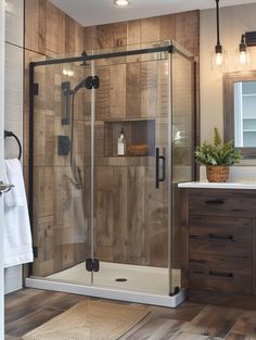 Log Cabin Shower Ideas, Wood Tile In Shower, Cabin Shower Ideas, Outdoor Wood Tiles, Chalet Bathroom, Rustic Bathroom Remodel, Wood Grain Tile