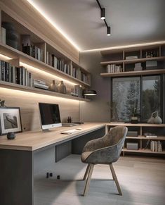 a modern home office with built in bookshelves