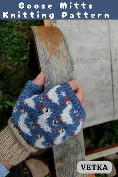 the mitts are knitted in blue and white