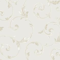 a white wallpaper with swirls and leaves in the middle, on a beige background