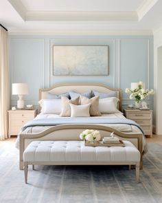 a large bed sitting next to a window in a room with blue walls and white furniture