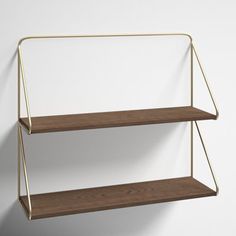 two wooden shelves on the wall with one shelf hanging from it's side and another shelf below