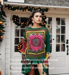 This Sweater is Frida Inspired with Halloween colors and knitted by hand. Wear it on Halloween or Christmas or all over the year. It has a belt tie to arrange, a mediumweight yarn, an authentic design pattern, wear that art to wear jumper. Be yourself with this Hippy Sweater Artwork! Use it with your jeans, shorts, ethnic clothes, in fall, spring and winter with simple base clothes! **First photos are generated with ai to show concept.** SUPRISE! Be ready for your gift randomly added to your pac Knitted Yarn Poncho For Fall, Multicolor Acrylic Sweater For Fall, Casual Knitted Sweater For Festival, Fall Knit Patterns With Crew Neck, Bohemian Knit Sweater For Fall, Bohemian Crew Neck Sweater For Winter, Multicolor Knit Pattern For Winter, Bohemian Acrylic Sweater For Winter, Bohemian Acrylic Yarn Sweater For Winter