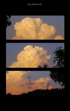 three different shots of clouds in the sky with trees and bushes behind them at sunset