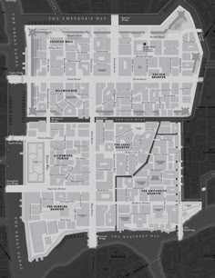 an aerial view of a city with lots of buildings and streets, including the ground plan