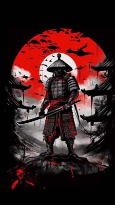 a samurai standing in front of a red sun