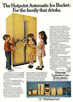 an old advertisement for the hotpoint automatic ice bucket and refrigerator with children looking at it