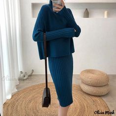 Olivia Mark - Stylish Knitted Two-Piece Dress Set: Ribbed Pattern Sweater Dress and Long Cardigan Dress Suit Dress Women, Long Knit Sweater, Striped Sweater Dress, Long Sweater Dress, Dress Autumn, Dress Slim, Long Sweater, Khaki Dress, Mid Length Skirts