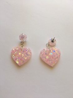 Pastel Pink Sparkly Heart Stud Earrings Handmade Dangle - Etsy Cute Pink Double Heart Jewelry, Cute Pink Double Heart Earrings, Pink Handmade Heart Earrings For Party, Cute Glitter Jewelry Gift, Handmade Pink Heart Earrings For Party, Pink Double Heart Pierced Earrings, Cute Pink Heart Earrings With Heart Beads, Cute Pink Heart Earrings With Beads, Pink Pierced Heart Earrings For Party