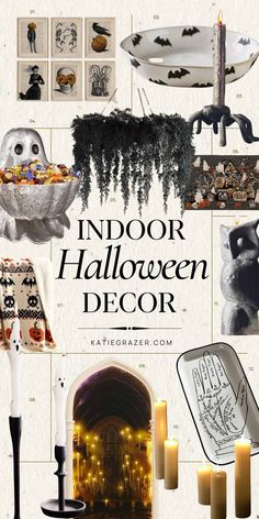 an image of halloween decor with candles and pictures on the wall behind it that says indoor halloween decor