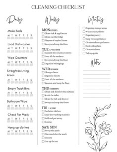 a cleaning checklist with flowers on it