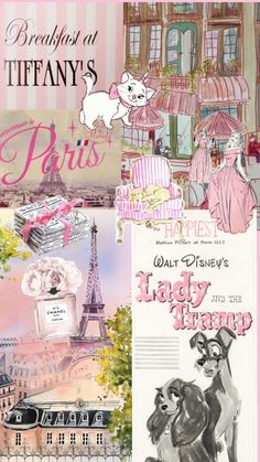 a collage of pink and white pictures with the eiffel tower in the background