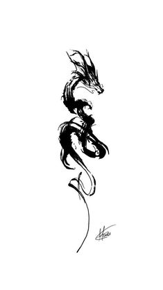 a black and white drawing of a dragon with its tail curled up in the air