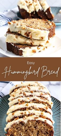 two pictures showing different types of bread with icing on top and the words, easy hummingbird bread