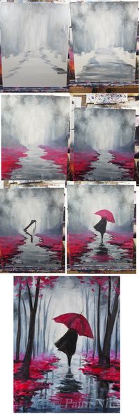 several paintings of people with umbrellas in the rain and trees, all painted different colors