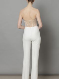 Marie Trousers Elegant Flared Bottoms For Wedding, Elegant Fitted Flare Pants, Elegant Fitted Pants For Gala, White Flared Formal Bottoms, Cream Evening Trousers, Chic Cream Pants For Evening, Elegant Fitted Evening Pants, Elegant Evening Pantsuit With Trousers, Elegant High-waisted Wedding Pants