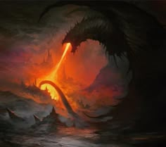 an image of a dragon attacking a giant monster in the ocean with fire coming out of it's mouth