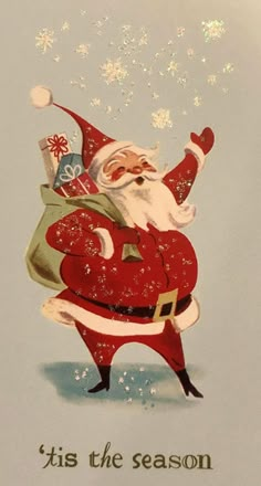 a christmas card with a santa clause holding a bag and pointing at something in the air