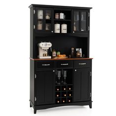 an image of a black cabinet with wine glasses and coffee maker on the top shelf