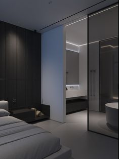 a large bed sitting in a bedroom next to a white bath tub and shower stall