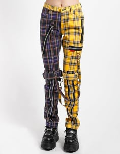 Yellow Plaid Pants, Strap Pants, Yellow Clothes, Yellow Pants, Yellow Outfit, Punk Outfits, Tripp Nyc, Purple And Yellow, Slim Leg Pants