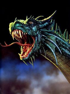 a green dragon with its mouth open and it's teeth wide open in front of a cloudy sky