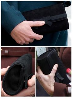 three pictures of a woman's hand holding a black purse and the other showing it being opened