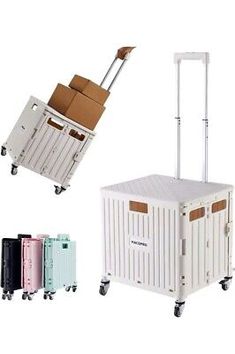 three different types of luggage on wheels and one with a cardboard box in the middle