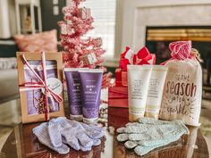 a table topped with christmas gifts and personal care items on top of a wooden table