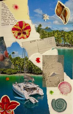 a collage with pictures and seashells is shown in this image, including a sailboat